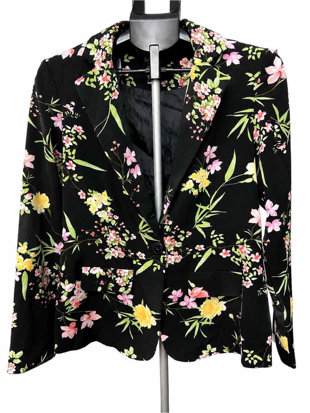 Soho Apparel Black Floral Single-Button Blazer with Pink & Yellow Blooms